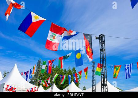 Flags from many countries, West Vancouver Community Cultural Fest, Ambleside Park, West Vancouver, British Columbia, Canada Stock Photo