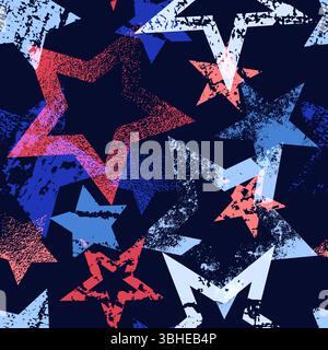 USA patriotic seamless pattern. Red and blue stars with grunge texture on navy background. Vector design for 4th of July, Independence Day, wrapping p Stock Vector