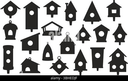 Wooden birdhouses of different shapes. Starling shelter dark silhouettes. Bird house shapes. Birdie building with feeder. Fly animal dwelling entrance Stock Vector