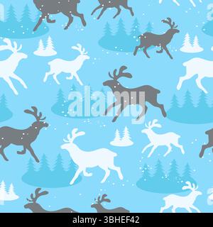 Silhouettes reindeer on background of winter snowy forest seamless pattern. Blue deer and snow fir trees. Repeated textile flat print. Christmas wrapp Stock Vector