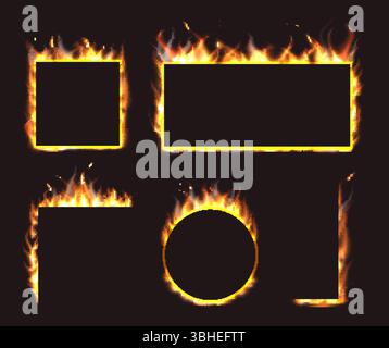 Realistic fire border. Rectangular or round blazing frame. Burning square corner. Inferno firewall. Ignition heat. Glowing ignite flames. Different ge Stock Vector