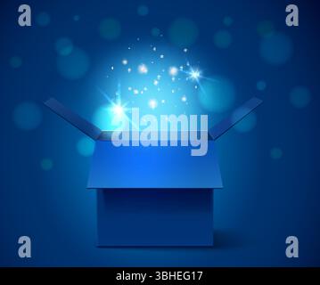 Realistic blue mystery box with highlights and sparkles on dark background. Holiday present open container. Glowing light in prize packaging. Celebrat Stock Vector