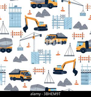 Building construction seamless pattern. Industrial equipment. Excavators and cargo trucks. Repeated print. Cement mixers. Bulldozers and crane loaders Stock Vector