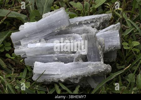 Macro photograph of raw cyanite mineral featuring elongated, fibrous blue-gray crystals placed on a natural grass background. Ideal for geology, scien Stock Photo