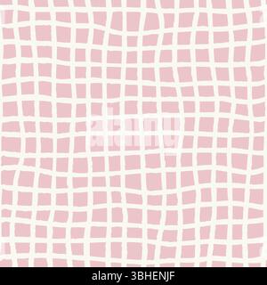 Groovy 70s checkered background with wavy brush strokes and vertical stripes. Distorted retro texture with hand drawn grid of square in pastel pink Stock Vector