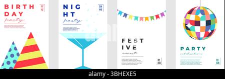 Bright birthday card and poster set with colorful garlands, cocktails and festive typography. Ideal for party invitations, celebration flyers or cheerful holiday greeting templates. Stock Vector