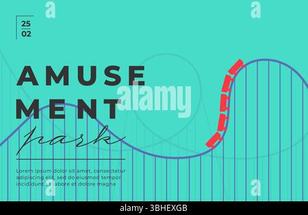 Roller coaster in amusement park banner. Horizontal layout with carnival rides, summer vibe and thrill ride theme. Perfect for posters or flyers. Minimal style blue flat vector illustration Stock Vector