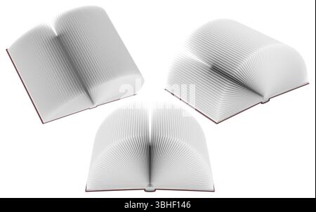 Open book with blank white pages shown from three different perspectives. 3D rendering isolated on white background Stock Photo