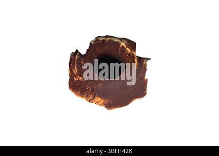 Bullet hole in metal is isolated on white background. Stock Photo