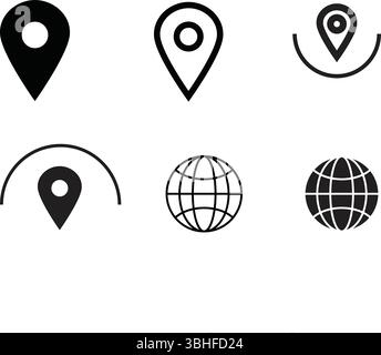 High Quality GPS Map Pin Icons Set with Location Markers and Globe Symbols for Navigation Design Stock Vector