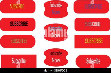 Bright Red Subscribe Button Vector Set for YouTube, Blog, Video Channels and Call-to-Action Designs Stock Vector