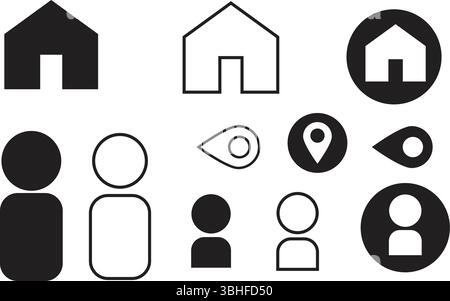 Minimalist User Interface Vector Icons with Home, Person, Eye, and Location Symbols Collection Stock Vector