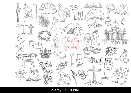 Christian Line Symbols Sketch, Religion Hand Drawn Art, Biblical symbols doodle Stock Vector