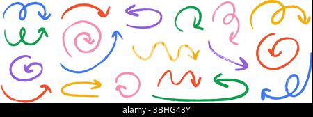 Hand drawn crayon wavy arrow collection. Color curved, wiggle and squiggle doodled arrows set. Charcoal sketch pointer and direction lines. Vector pastel pencil, chalk or marker brush stroke elements Stock Vector