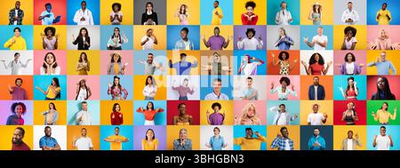 Diverse group of people showcasing various expressions and gestures in a collage Stock Photo