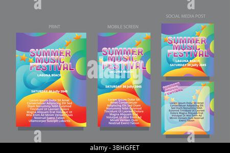 Abstract Summer Beat. Colorful Fluid Wave Background. fluid design template multiple platform for print, mobile screen and social media post vector il Stock Vector