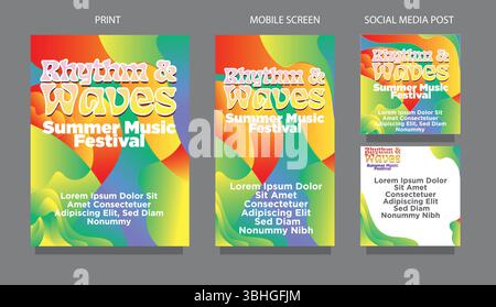 Vibrant Liquid Motion.  Abstract Summer Waves. fluid design template multiple platform for print, mobile screen and social media post vector illustrat Stock Vector