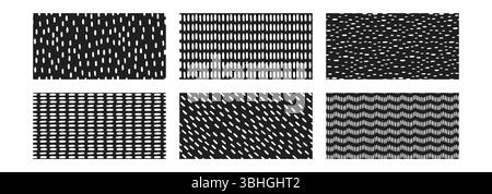 Small Dash or Dots Pattern. Ink abstract shapes. Seamless pattern with white crayon lines. Memphis style. Set of Vector Illustrations on black Stock Vector