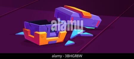 Broken sci-fi cube game assets - purple geometric fragments with orange accents, shattered crystalline pieces on dark background. Futuristic elements for digital cyberpunk style destruction effects. Stock Vector