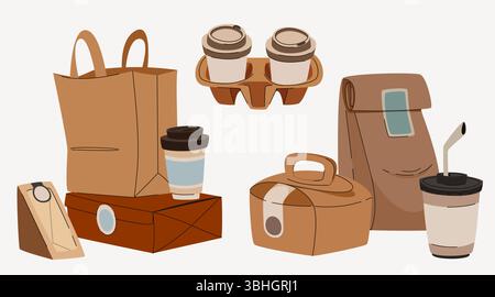 Eco friendly takeaway paper package collection - coffee cups with lids, carrier holders, shopping bags, meal boxes, sandwich containers. Brown kraft packaging. Sustainable food delivery supplies Stock Vector