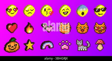 Pixel art emoticon collection with 3d effect - yellow smiling faces showing various expressions, hearts, fire, cats and cute objects. Retro 8 bit style icons for gaming interface or digital stickers. Stock Vector