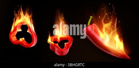 Realistic red pepper in bright orange fire flames on black background. Two sliced pieces burning with yellow blazing heat and flying sparks. Spicy hot chili vegetable concept for cooking food. Stock Vector