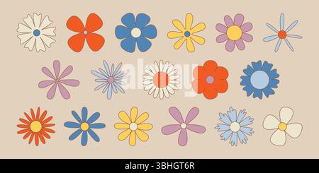 Retro daisy flower set in groovy style - colorful blooms with various petal shapes on beige background. Vintage botanical collection for hippie designs, 70s graphics or nostalgic decorative elements. Stock Vector