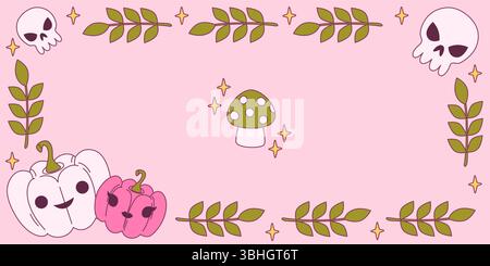 Coquette halloween frame border - cute skulls, autumn leaf branches, white and pink pumpkins with faces, spotted mushroom and golden stars scattered. Kawaii spooky design for october invitations. Stock Vector
