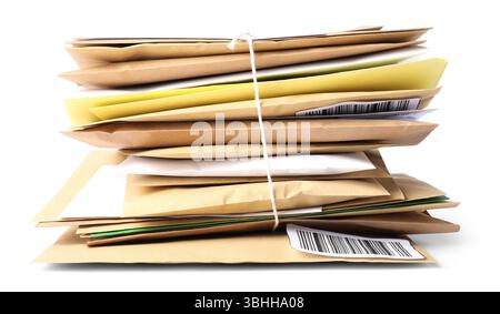 Stack of different paper envelopes isolated on white. Post office Stock Photo