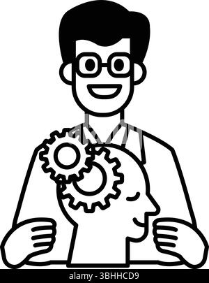 Human head with gears line art, concept of thinking process and brain ...