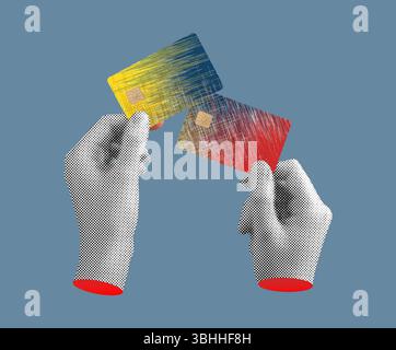 Hand holding a colorful credit card with a chip, symbolizing secure digital payment and modern banking. Vibrant gradient design with abstract, pop art Stock Photo