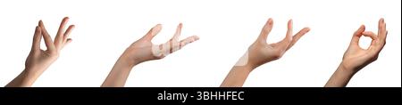 Hand making a delicate OK gesture with thumb and index finger, holding, symbolizing precision and control. Soft, clean skin and elegant nails, showcas Stock Photo