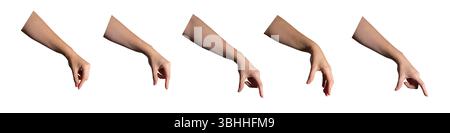 Hands holding gripping grabbing something invisible, objects of different sizes, set isolated on white background Stock Photo