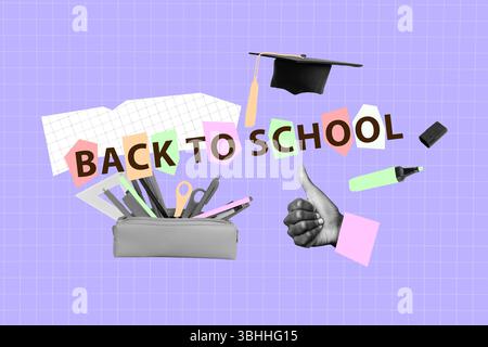 Collage trend artwork template design of copyspace hand gesture thumb like fine graduation hat back to school courses education knowledge Stock Photo