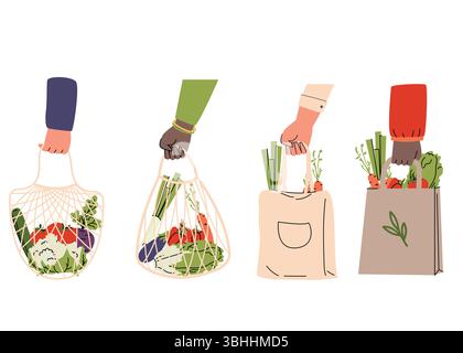 Diverse hands holding eco friendly shopping bags filled with fresh vegetables. Flat style illustration promoting sustainability, healthy eating, and Stock Vector