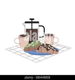 Minimalist breakfast illustration featuring two coffee cups, a French press, and croissants with green and chocolate toppings on a plate, placed on a Stock Vector
