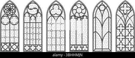 Gothic church window frames with medieval pattern. Stained glass cathedral arches. Vintage catholic architecture shapes on white background Stock Vector