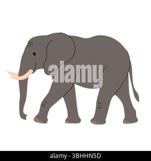 Flat vector illustration of an elephant walking, featuring a dark grey body, soft pink tusks, and simple line details. Clean and minimal design, ideal Stock Vector