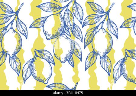 Seamless lemon pattern with hand drawn blue outlines of lemons and leaves over bold yellow and white wavy stripes. Fresh, modern, and perfect for Stock Vector