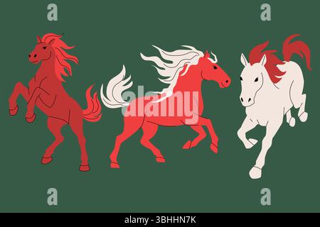 Three stylized horses on a dark green background, each in a different dynamic pose. Red, coral, and cream colors with flowing manes and minimalist Stock Vector
