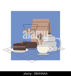 Flat style breakfast scene with a slice of chocolate cake, a coffee dripper, a kettle, a cup and saucer, and a bag of coffee beans on a grid table Stock Vector