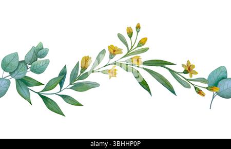 Watercolor collection of hand drawn eucalyptus leaves and yellow wildflowers. Botanical clipart elements isolated on white background. Set of objects Stock Photo