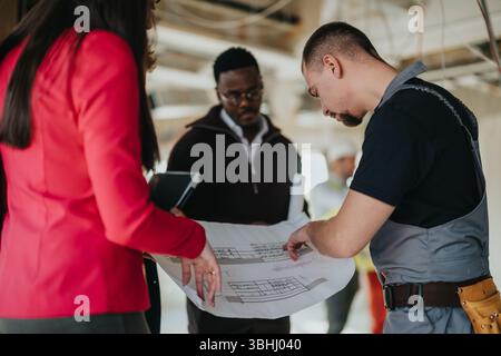 Construction professionals collaborating on a project plan in a building Stock Photo