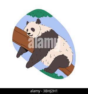 Panda china bear on tree branch. Vector animal in bamboo forest or zoo. Wildlife arboreal lazy and sleepy furry mammal. Peaceful fauna element. Herbivore outdoor. Zoology and biology. Stock Vector