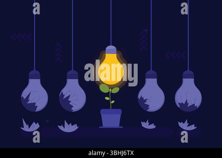 Five light bulbs hang from above in a dark blue setting. In the center, a yellow bulb emits light, represented as a growing plant with leaves Stock Vector