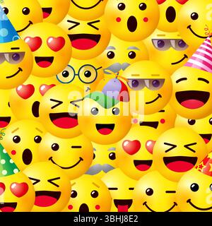 Modern yellow backdrop with network faces. Square banner with copy space. Internet poster template, blank background. Set of chat icons, 3D symbols. Stock Vector