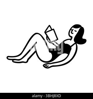 Black-haired woman in swimsuit lying on back reading a book, relaxing, leisure activity, summer concept. Stock Vector