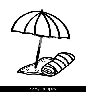 Black and white line drawing of a beach umbrella and a rolled towel on sand. Stock Vector
