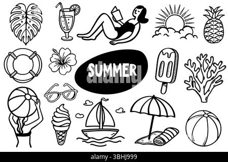 Black and white summer-themed icons including sun, ice cream, sunglasses, beach ball, umbrella, sailboat, and tropical plants. Stock Vector