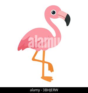 Adorable cartoon flamingo in pink color with one leg up, isolated on white background. Great for kids designs, summer themes, or tropical party decor. Stock Vector